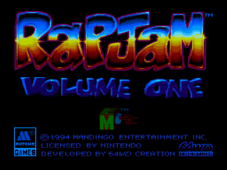 RapJam Volume One title screen for Super Nintendo
